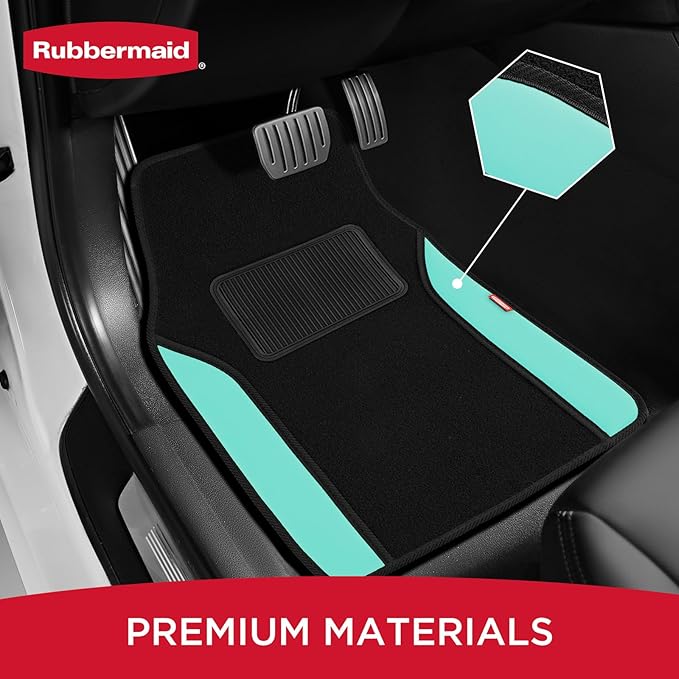 Rubbermaid Car Mats, Carpeted Floor Car Mat with Faux Leather & Built-in Heel Pad, Two-Tone Car Rug Floor Mats, Stylish Carpeted Floor Mats for Cars, Trucks & SUVs Mint Color