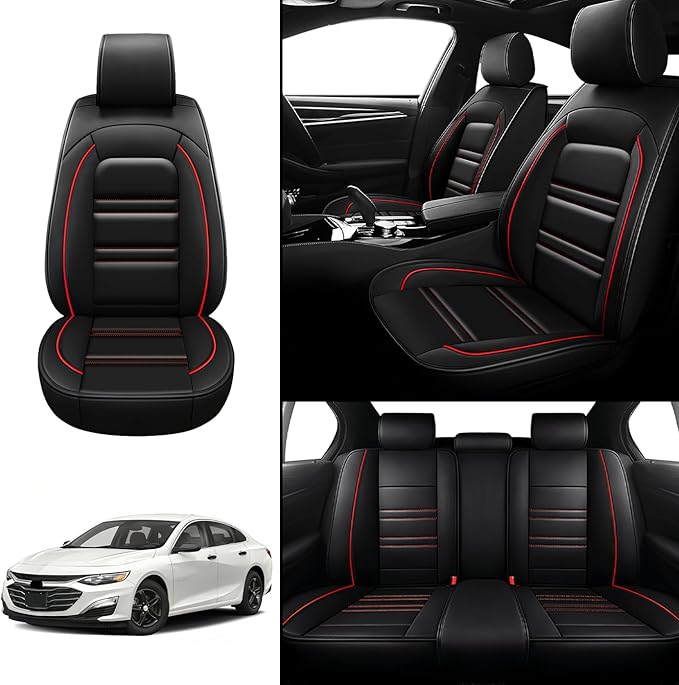 Seat Covers for Malibu 2004-2025 | 5-Seats Leather Seat Covers, Easy to Install Automotive Seat Covers Full Set (Full Set, Black&Red Line)