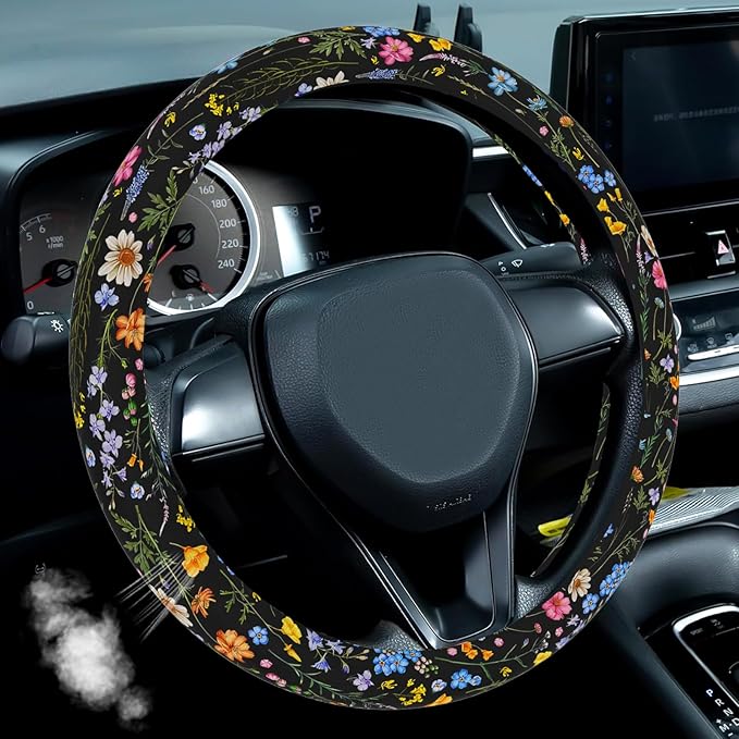 Wildflower Steering Wheel Cover, Flower Car Accessory for Diverse Cars, Steering Wheel Cover Non-Slip Breathable Fabric Absorbing Sweat Universal Car Accessories 14.5–15 inch