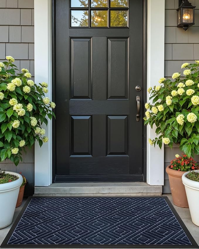 DEXI Front Door Mat Outside Entrance, Heavy Duty Rubber Backed Doormat, Stain and Fade Resistant, Low-Profile Easy Clean Entryway Floor Mats, 17x29, Checkered Navy