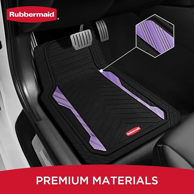 Rubbermaid Car Floor Mat, Heavy Duty All-Weather Car Mats Full Set with Dual-Tone Purple Aluminum Inserts – Universal Fit, Anti-Slip Backing, Trim-to-Fit for Most SUV, Sedan, Van