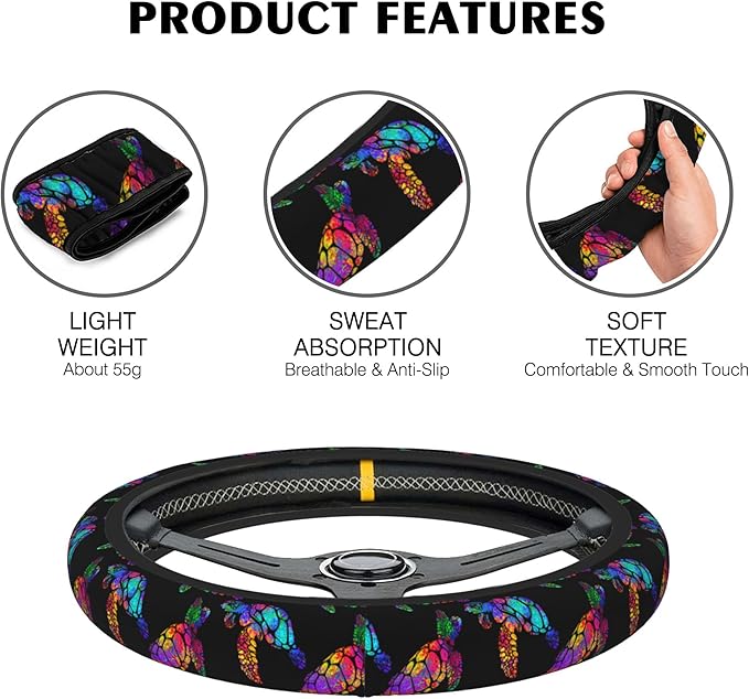 Rainbow Sea Turtle Car Steering Wheel Cover, Non-Slip Absorbing Sweat Car Wheel Cover Accessories for Men Women,Universal 15" Fit Auto SUV Vans Trucks