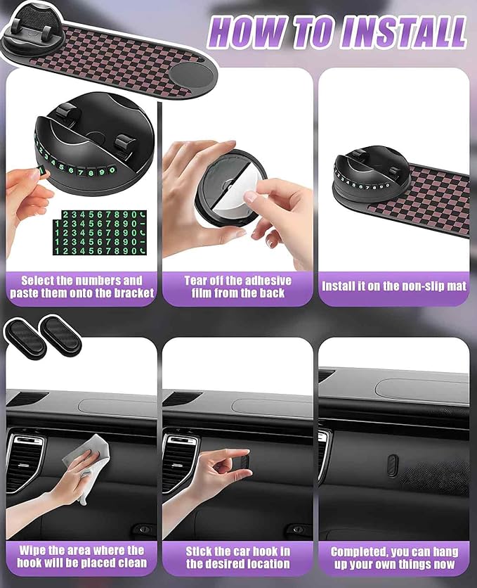 5PCS Anti Slip Mat for Car Dashboard with Storage Hook Set, 360° Multifunction Phone Pad Holder with Temporary Parking Number