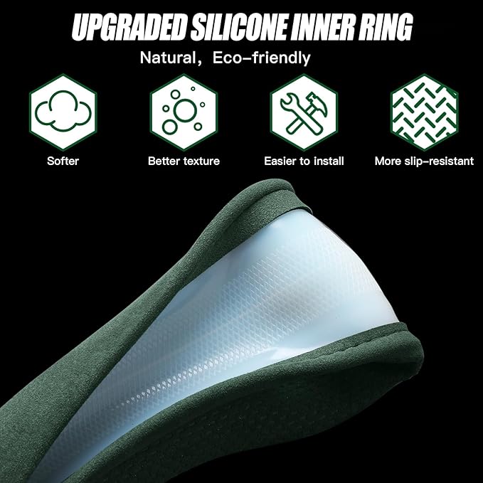 Suede Steering Wheel Cover with Upgraded Silicone Inner Ring, Breathable, Anti-Slip, Leather Universal 14.5 to 15 Inch Steering Wheel Cover (Pure Green)