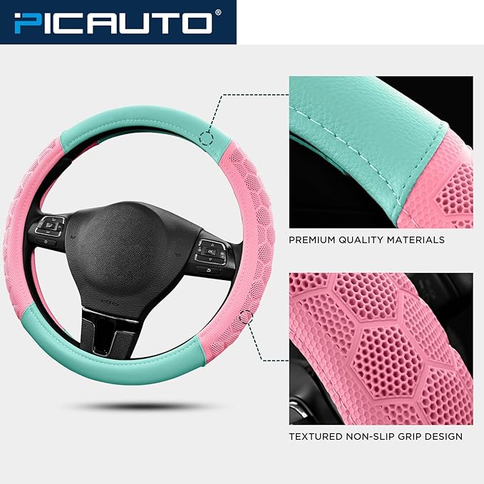 PIC AUTO Massage Steering Wheel Cover, Pink Football Pattern Material Spliced & Light Green Leather Car Steering Wheel Cover, Car Steering Cover, Universal Fit 14.5"-15.5" for Cars, Trucks, Van, SUVs