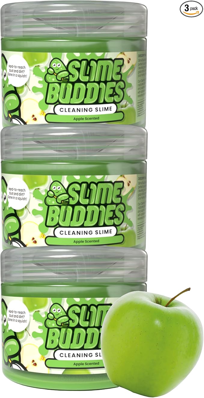 Slime Buddies Car Cleaning Gel Putty - 3 Pack Apple Scented Interior Detailing Tool for Cup Holder, Air Vent & Keyboard - Reusable Auto Detailing Accessories - Dust Remover Goop - Gifts for Men Women