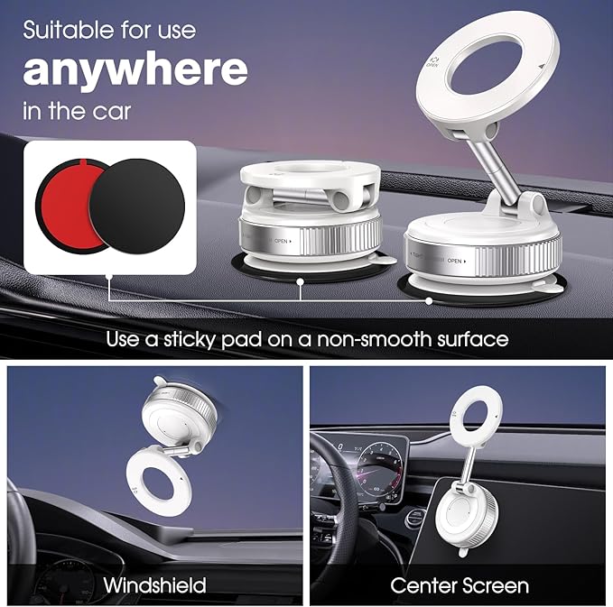 360° Rotatable Vacuum Magnetic Phone Holder, Foldable and Retractable Suction Cup Car Phone Mount for Car/Gym/Mirror/Smooth Surface, Compatible with iPhone Android and All Smartphones (White)
