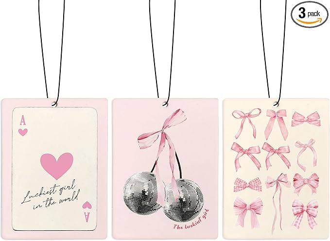 Cute Pink Air Freshener for Car, Coquette Pink Bow Disco Ball Ace Card Lucky Girl Air Freshener Hanging 3 Pcs for Cars Closet Drawer or Books, Girly Preppy Car Mirror Decor for Women