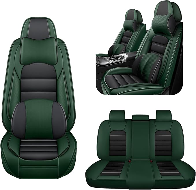 5 Car Seat Covers for Toyota RAV4 2000-2026 Breathable Leather,Waterproof Car Seat Protectors with Comfort Headrest Pillows,Automotive Vehicle Cushion with Storage Pockets (Luxury,Green)