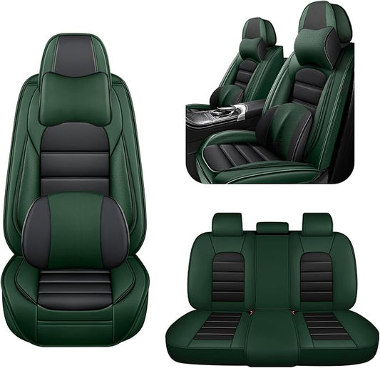 5 Car Seat Covers for Toyota RAV4 2000-2026 Breathable Leather,Waterproof Car Seat Protectors with Comfort Headrest Pillows,Automotive Vehicle Cushion with Storage Pockets (Luxury,Green)
