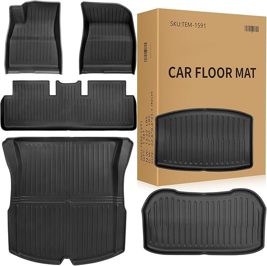 Weize Floor Mats Fit for Tesla Model 3 Highland 2025 2024, TPE All Weather Cargo Liner Floor Mats and Cargo Trunk Mats Accessories Front Rear Cargo Mat Full Set