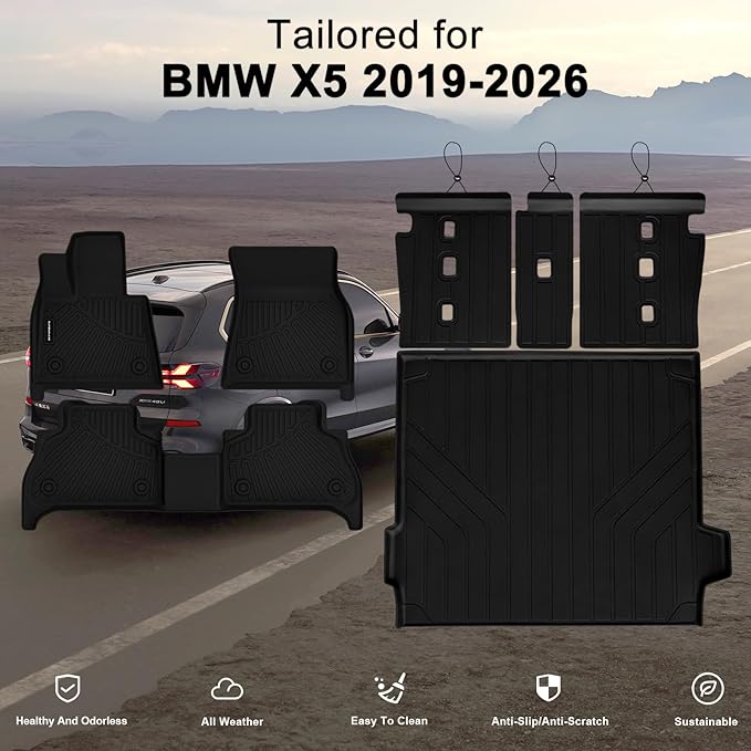 Floor Mats & Trunk Mat for 2019-2024 2025 BMW X5 40i/50i/M50i/M60i/M/M Competition,TPE All Weather Protection 2 Rows Full Set Car Mats