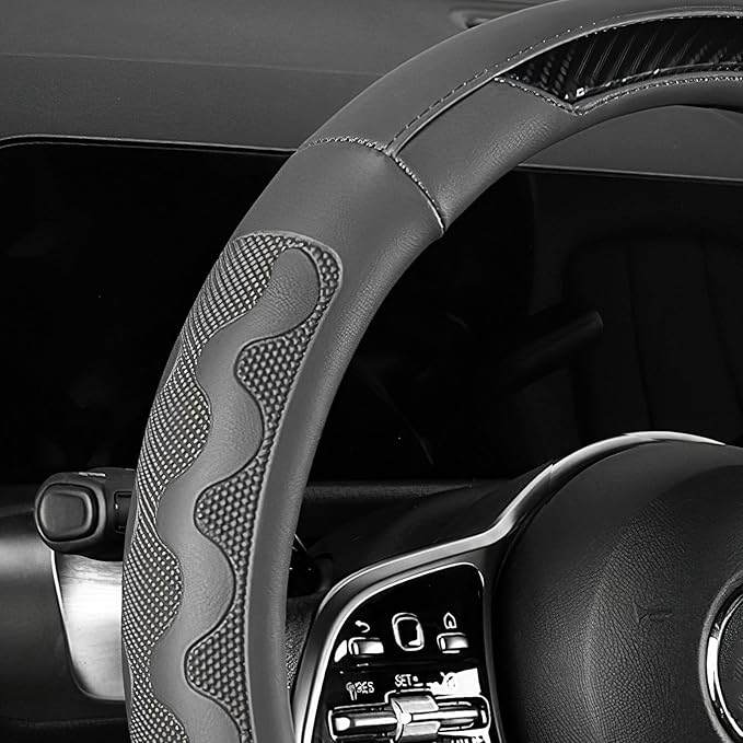 SEG Direct Car Steering Wheel Cover Medium Size 14 1/2"-15" Embossed Microfiber Leather with Carbon Fiber Pattern Gray