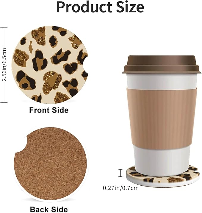 Absorbent Car Coasters for Cup Holders, 2 Pack Universal Anti Slip Ceramic Cup Coaster for Women Men 2.56 Inch Car Interior Accessories - Brown Gold Leopard 006