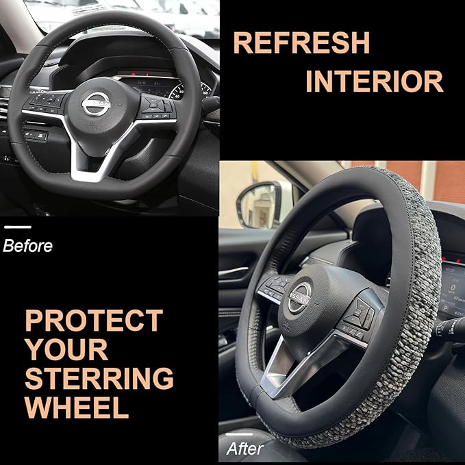 PINCTROT D Shaped Chenille Leather Steering Wheel Cover, Soft Mottled Colors, Sweat-Proof, Non-Slip Grip, All-Season Comfort, Flat Bottom 14.5-15 Inch(Mottled Gray)