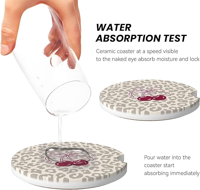 Absorbent Car Coasters for Cup Holders, 2 Pack Universal Anti Slip Ceramic Cup Coaster for Women Men 2.56 Inch Car Interior Accessories - Bow Tie Cherry Leopard 008