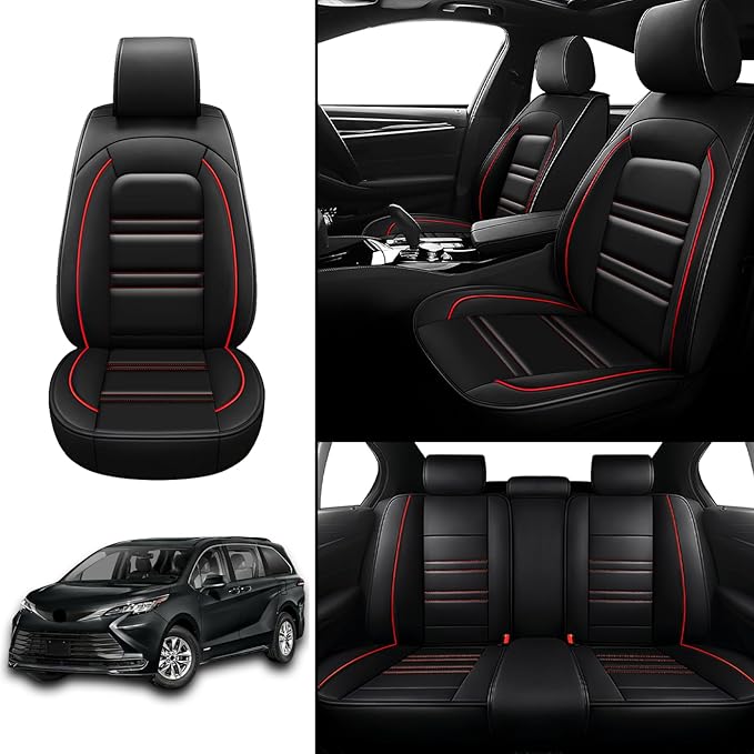 Seat Covers for Toyota Sienna 2004-2025 | 5-Seats Leather Seat Covers, Easy to Install Automotive Seat Covers Full Set (Full Set, Black&Red Line)