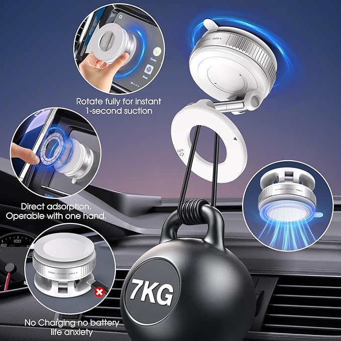 360° Rotatable Vacuum Magnetic Phone Holder, Foldable and Retractable Suction Cup Car Phone Mount for Car/Gym/Mirror/Smooth Surface, Compatible with iPhone Android and All Smartphones (White)