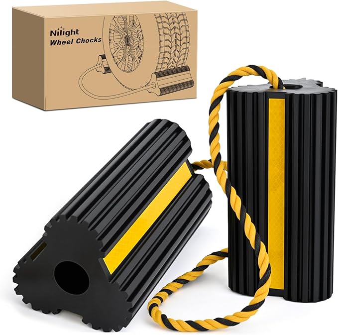 Nilight Wheel Chocks RV Car Heavy Duty Rubber Tire Chock Blocks Stopper Yellow Reflective Strips Stabilizer 2 Pack with Rope for RVs Cars Travel Trailers Campers Trucks Motorcycle Accessories Parking