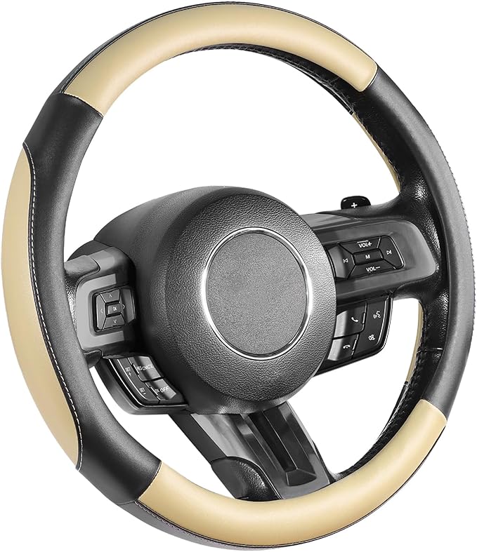 SEG Direct Car Steering Wheel Cover for Medium Standard Size Steering Wheels with 14 1/2-15 inches Outer Diameter, Black and Beige Microfiber Leather