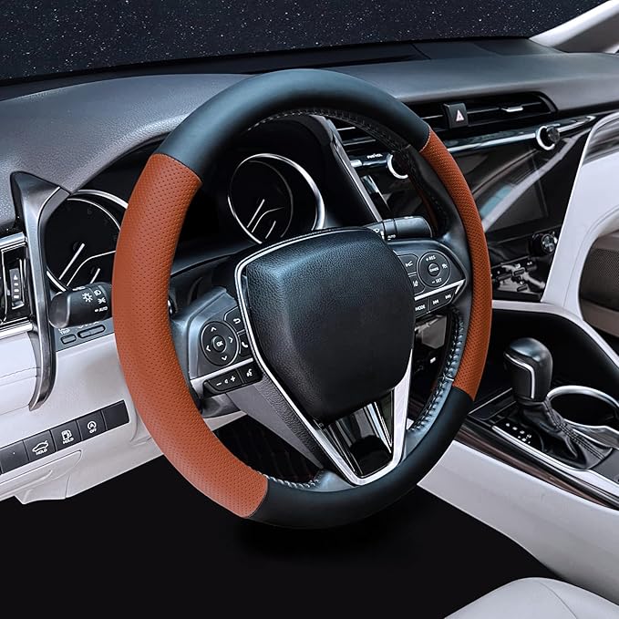 Steering Wheel Cover Standard Size 14.5-15 inch, Non-Slip Car Wheel Cover Protector, Breathable Microfiber Leather, Black and Orange
