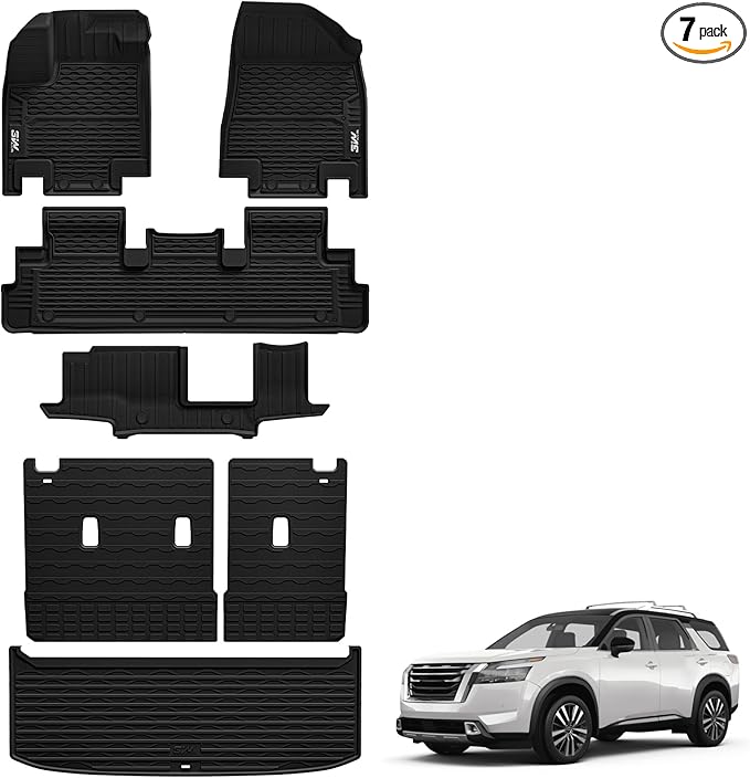 3W Floor Mats & Cargo Liner & Back Seat Cover Custom Fit for Nissan Pathfinder 2022 2023 2024 2025 (Only fit 8 Passenger Models), TPE All Weather Custom Fit Nissan Pathfinder Full Set,Black