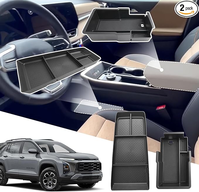 SXCY 2PCS for 2025 2026 Chevrolet Equinox Accessories for 2025 2026 Equinox Center Console Organizer Console Tray for 2025 2026 Equinox Console Organizer Armrest Storage Box Black Mats(Armrest+Under)