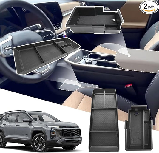 SXCY 2PCS for 2025 2026 Chevrolet Equinox Accessories for 2025 2026 Equinox Center Console Organizer Console Tray for 2025 2026 Equinox Console Organizer Armrest Storage Box Black Mats(Armrest+Under)