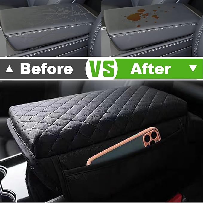 Upgrade Center Console Cover for Tesla Model 3 Model Y 2016-2024 2025 Armrest Cover with Pockets,Leather Arm Rest Box Cushion for Tesla Model 3/Y Interior Console Protector Accessories