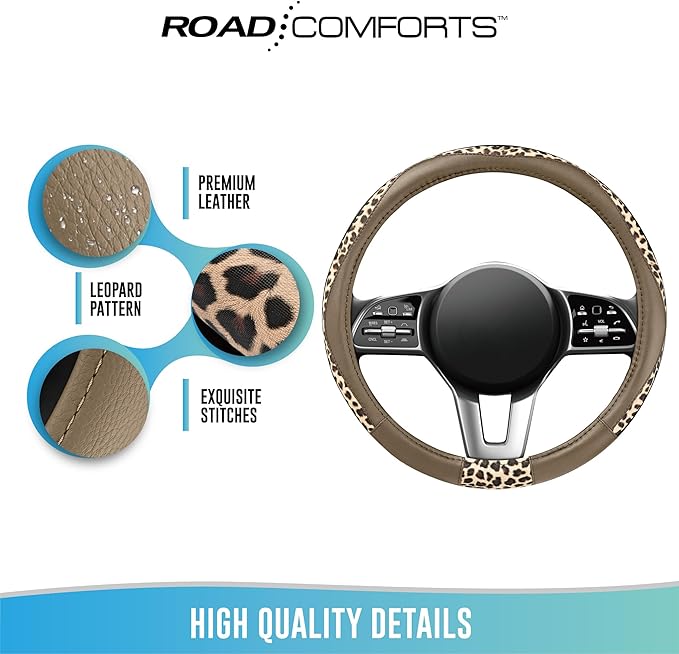 Road Comforts Steering Wheel Cover - Made with PVC Leather and Leopard Fabric - Universal 14 1/2 inches to 15 inches for Most Automotive Steering Wheel - Cheetah Print -Beige