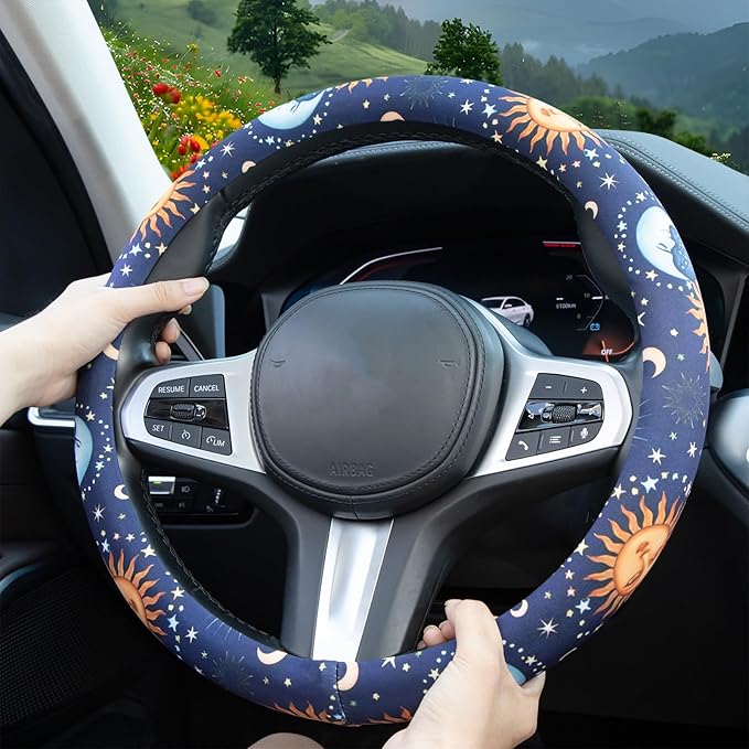 Astrology Sun Moon Celestial Steering Wheel Cover Auto Steering Wheel Protector, Anti-Slip, Breathable, Absorbing Sweat, Universal Car Accessories 14.5–15 inch,Fit for Most Car, Trucks, SUV