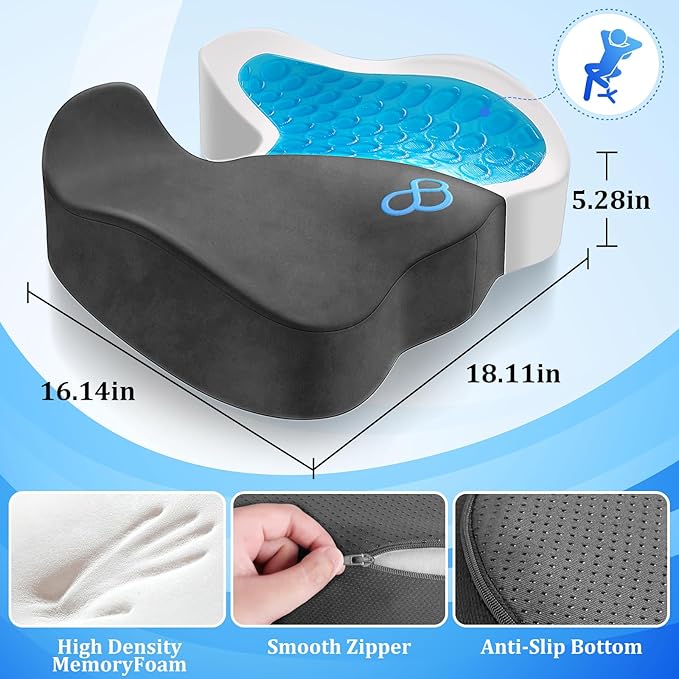 Seat Cushion, Gel Chair Cushions, Office Chair Cushions, Anti-Slip Bottom & Removable Cover Tailbone Pain Relief Cushion, Memory Foam Seat Cushion, 5.28 in Thick (Grey)