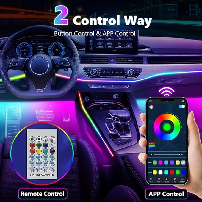 Acrylic Interior Car LED Lights with Remote and Wireless APP 10 in 1,Ambient Lighting Kits Fiber Optic Strip LEDs,16 Million Colors Music&DIY Function
