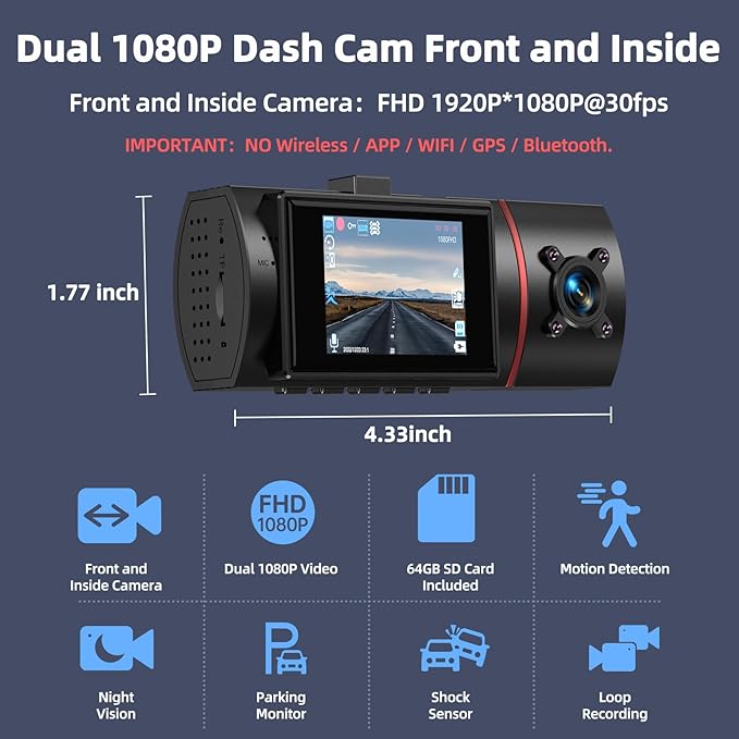 Dual Dash Cam Front and Inside with 64GB Card,Milerong X25 1080P Dash Camera for Cars with Infrared Night Vision,Loop Recording,G-Sensor,24H Park Monitor,Inside Car Camera for Uber/Lyft/Taxi Driver