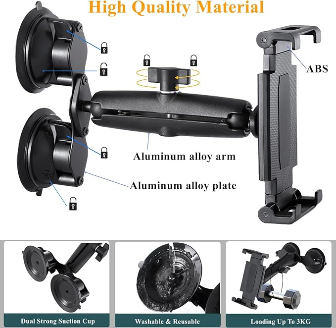 Pilots Tablet Holder with Strong Dual Suction Cups, Tablet Mount Base for Truck Car/Boat/Aircraft Windshield, Aluminum Tablets Stand Fits iPad Air 13" , iPad Pro 12.9" and other 4.7-15" Tablets