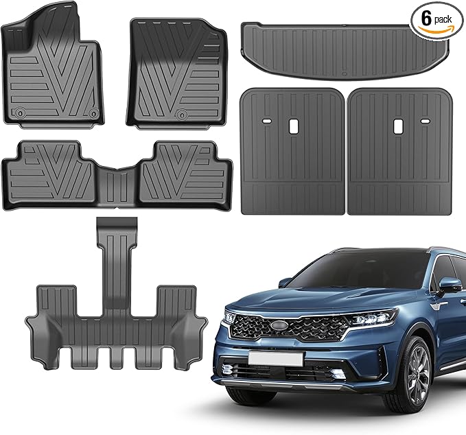 TPE All-Weather Floor Mats for Kia Sorento 2021-2024 2025 (Not Hybrid) | Custom Fit Floor Mats&Trunk Mat with Backrest Mats,Durable, Odorless, Easy to Clean (6-Piece Set, Black)