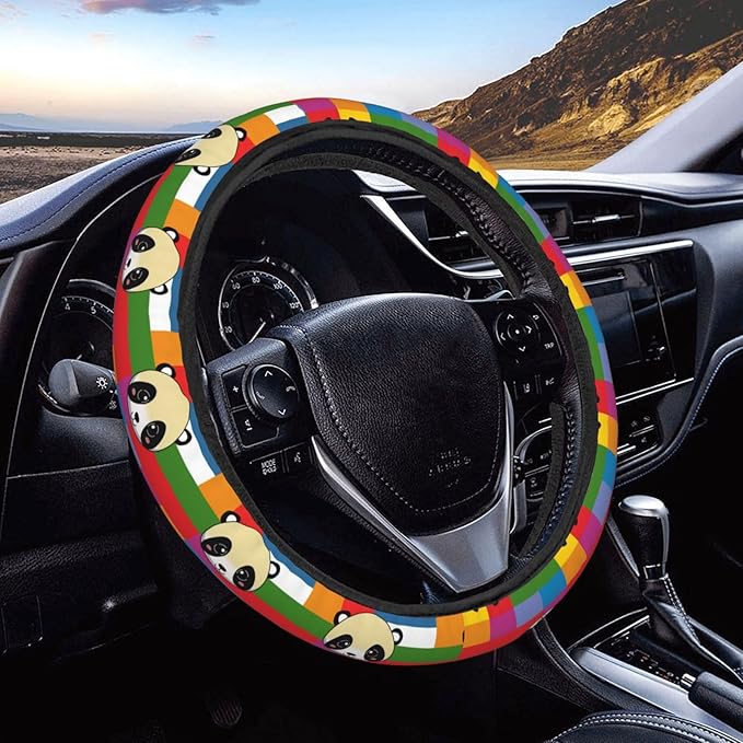 Rainbow Cute Panda Head Steering Wheel Covers Anti-Slip Elasticity Car Accessories Steering Wheel Protector Universal 15 Inch for Cars SUV Vehicle Truck