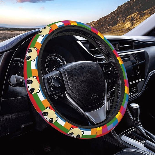 Rainbow Cute Panda Head Steering Wheel Covers Anti-Slip Elasticity Car Accessories Steering Wheel Protector Universal 15 Inch for Cars SUV Vehicle Truck