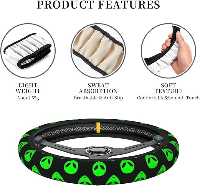 Green Aliens Face Steering Wheel Cover for Women Girls, 15 Inches Anti-Slip Steering Wheel Cover for Auto Truck SUV