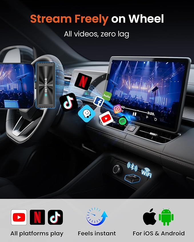 Wireless CarPlay Adapter & All-Platform Wireless Screen Mirroring GETPAIRR Cast- No Lag Streaming for iOS/Android, Dual Connection, WiFi 6/Bluetooth 5.4, Plug & Play, OTA Update (2025 Newupgrade)