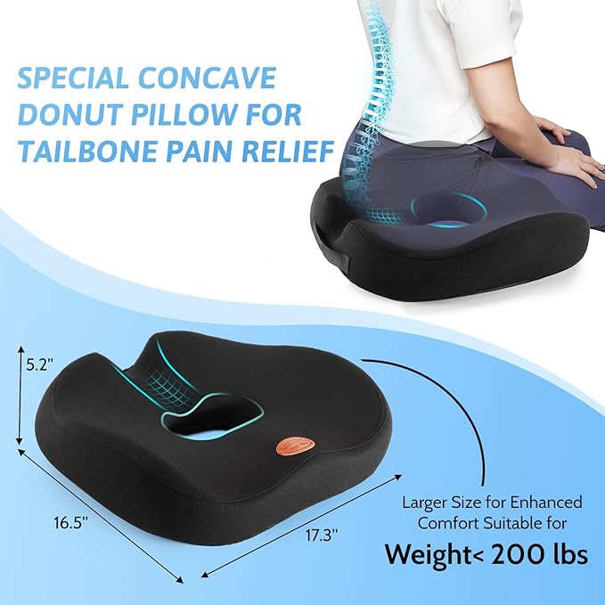 Donut Pillow, Hemorrhoid Pillow for Sitting, Donut Pillow for Tailbone Pain Relief Cushion, Two Humps Hip Comfortable Design, Doughnut Pillow, Butt Pillows for Postpartum Pregnancy, L Size-Black