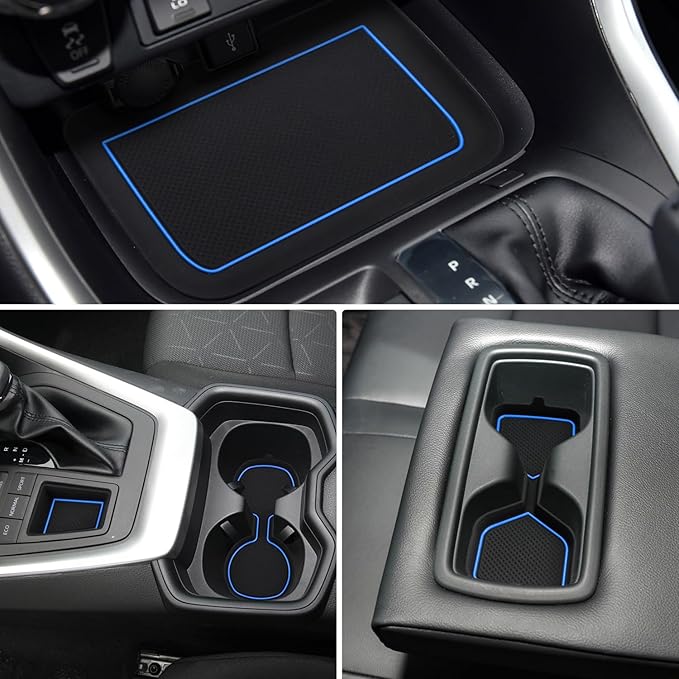 Auovo 3D Cup Holder Insert Liners Compatible with Toyota RAV4 Accessories 2025 2024 2023 2022 2021 2020 2019 Car Custom Cup Holder Mats Pads 4-pc Set (Blue Trim)