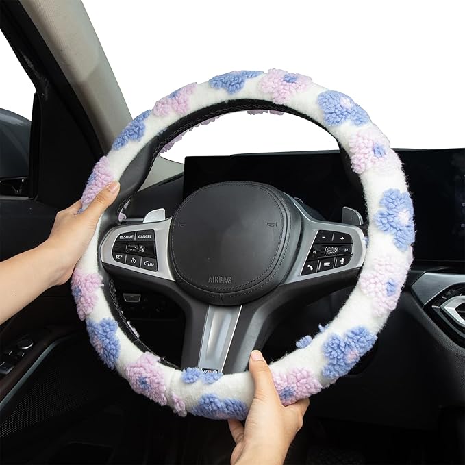 Plush Flowers Steering Wheel Cover Auto Plush Steering Wheel Protector, Anti-Slip, Breathable, Absorbing Sweat, Universal Car Accessories 14.5–15 inch,Fit for Most Car, Trucks, SUV