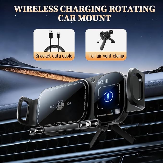 Wireless Charging Rotating Car Mount, High Intelligent 2 in 1 Auto Rotating Phone Holder, One-Click Rotation, Universal Phone Holder Car Charger Fast Charging for Car Dashboard & Air Vent (Black)