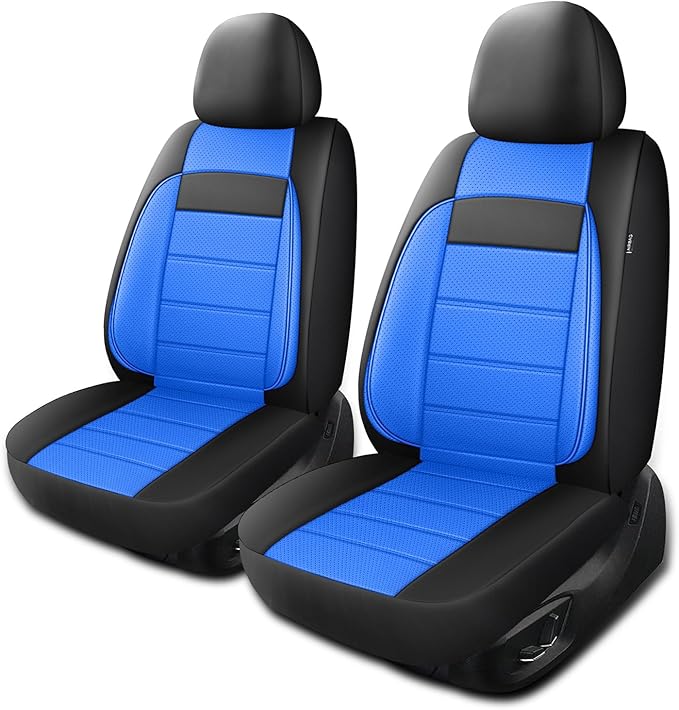 Leather Car Seat Covers Front Seats, 3D Foam Support Car Seat Covers, Universal fit for Trucks Vans SUVs Sedans Automotive Comfortable, Airbag Compatible 2PCS Front, Black+Blue