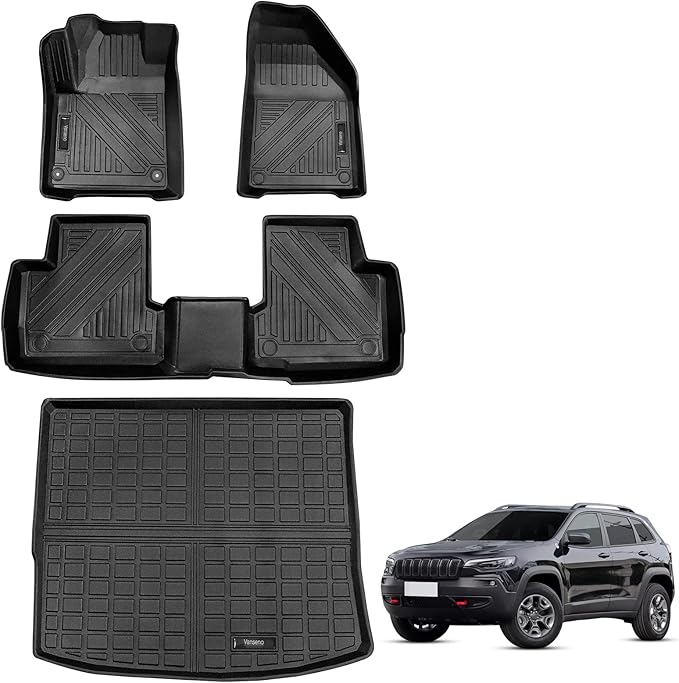 Vanseno Car Floor mats and Cargo Liners Set Black Compatible for 2014-2023 Jeep Cherokee 2Row Floor Mat & Trunk Mats All Weather Rubber Mats Liner (Not Fit Grand Cherokee&No Latittude)