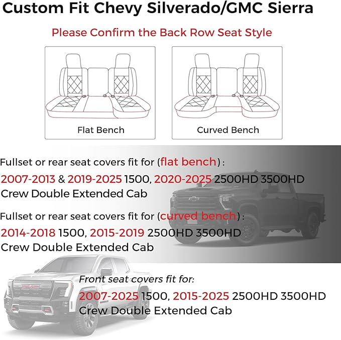 Huidasource Silverado Seat Covers Front & Rear Fit for Chevy Silverado GMC Sierra Pickup 1500 2014-2018, 2500HD 3500HD 2015-2019 Crew Double Extended Cab Leather Seat Cushion Cover (Full Set/Black)