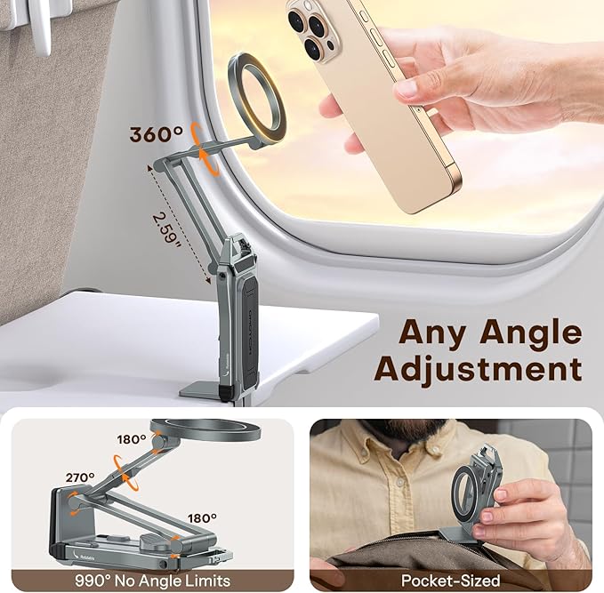 OMOTON 360°Rotating for MagSafe Tripod Mount, Adjustable Aluminum Magnetic Phone Tripod for iPhone 17/16/15/14 Pro Max Air, Foldable Cell Phone Stand Fits Vlog, Gym, Travel Essentials, Gray