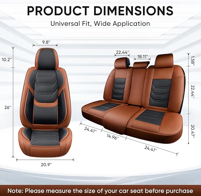 Leather Car Seat Covers Full Set with Lumbar Support, Waterproof Car Seat Cover, Universal Seat Covers for Cars, Trucks, SUVs, Sedans, Airbag Compatible, Front Pair and Rear, Brown&Black