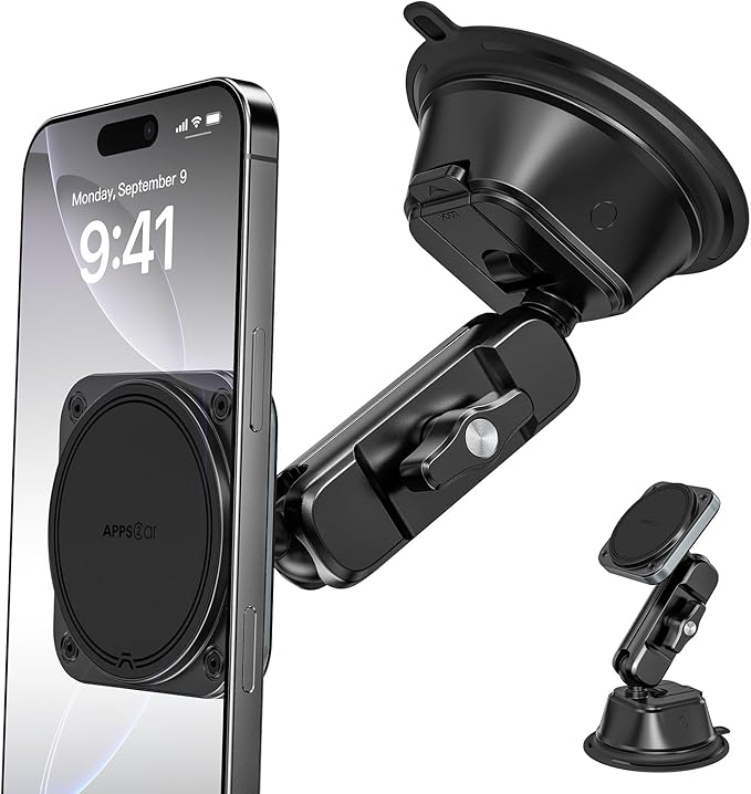 APPS2Car Heavy-Duty Vacuum Suction Phone Mount [Industrial 20x N55 Magnet, Alloy Arm, Ultra-Stable Suction Cup] for iPhone MagSafe/Samsung/All Phone, Magnetic Phone Holder for Car Windshield Dashboard